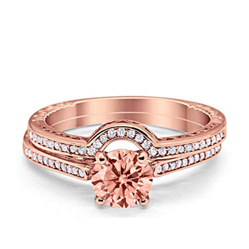 Filigree Wedding Bridal Set Piece Rose Tone, Simulated Morganite CZ 925 Sterling Silver